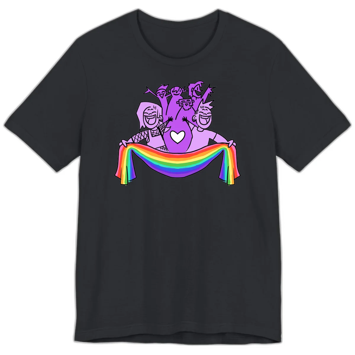 Illustration of diverse smiling people celebrating together with raised arms, holding a rainbow banner and a white heart symbol on a purple background. in Vintage Black