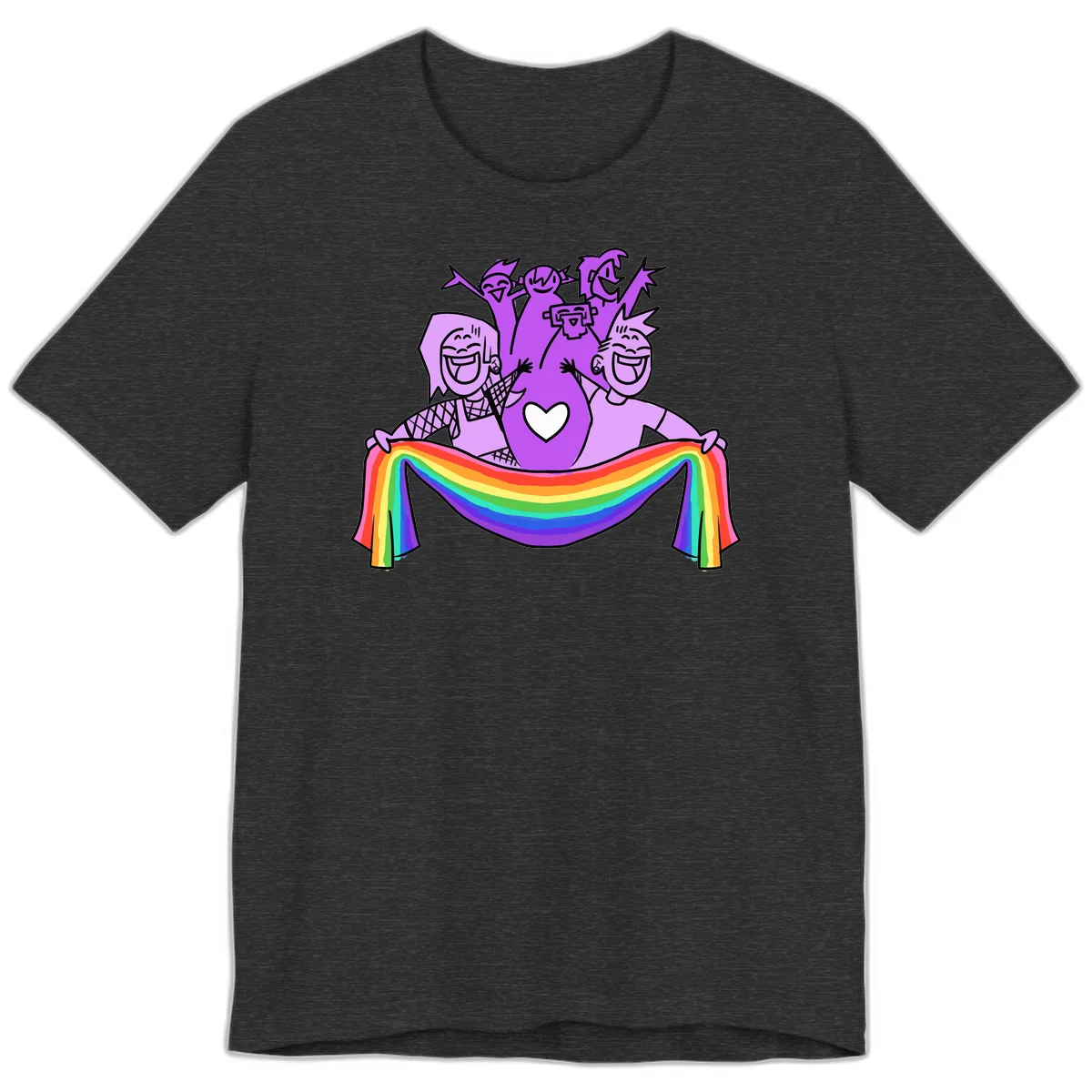 Illustration of diverse smiling people celebrating together with raised arms, holding a rainbow banner and a white heart symbol on a purple background. in Dark Grey Heather