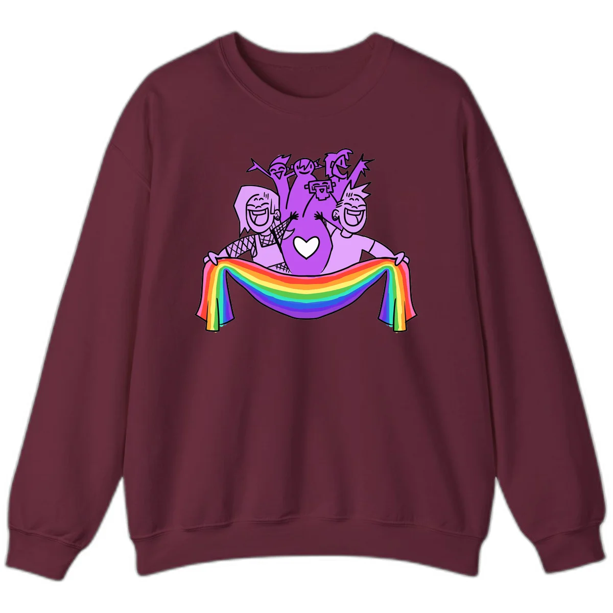 Illustration of diverse smiling people celebrating together with raised arms, holding a rainbow banner and a white heart symbol on a purple background. in Maroon