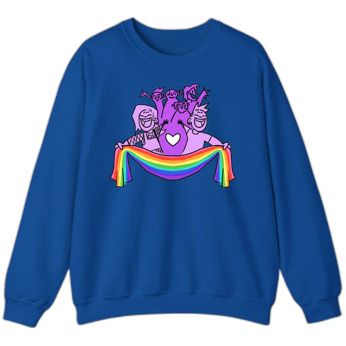 Illustration of diverse smiling people celebrating together with raised arms, holding a rainbow banner and a white heart symbol on a purple background. in Royal