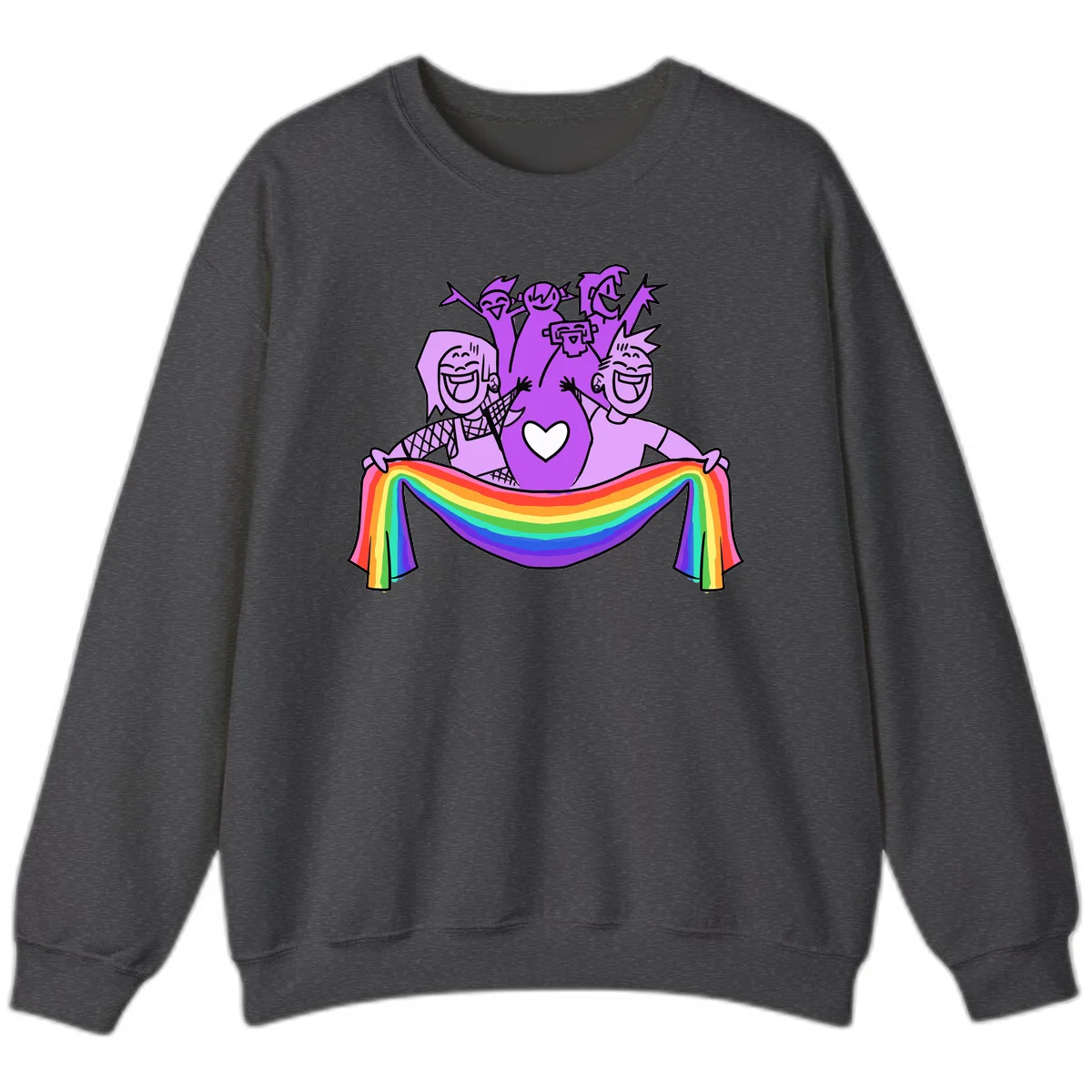 Illustration of diverse smiling people celebrating together with raised arms, holding a rainbow banner and a white heart symbol on a purple background. in Dark Heather