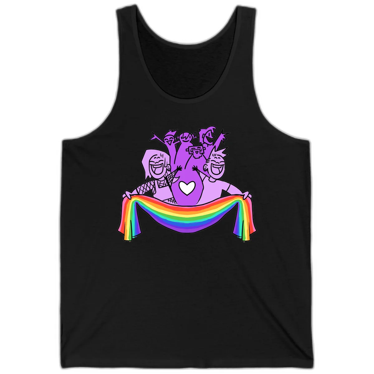 Illustration of diverse smiling people celebrating together with raised arms, holding a rainbow banner and a white heart symbol on a purple background. in Black