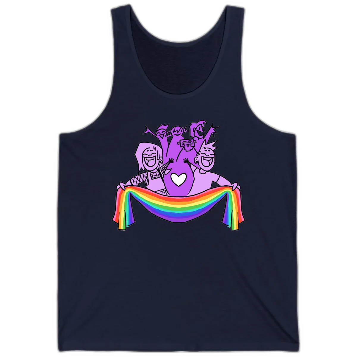 Illustration of diverse smiling people celebrating together with raised arms, holding a rainbow banner and a white heart symbol on a purple background. in Navy
