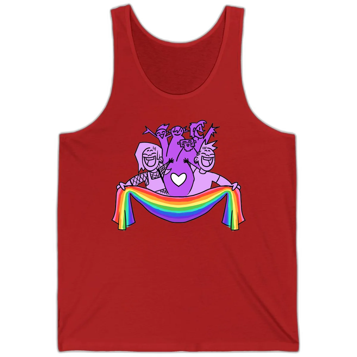 Illustration of diverse smiling people celebrating together with raised arms, holding a rainbow banner and a white heart symbol on a purple background. in Red