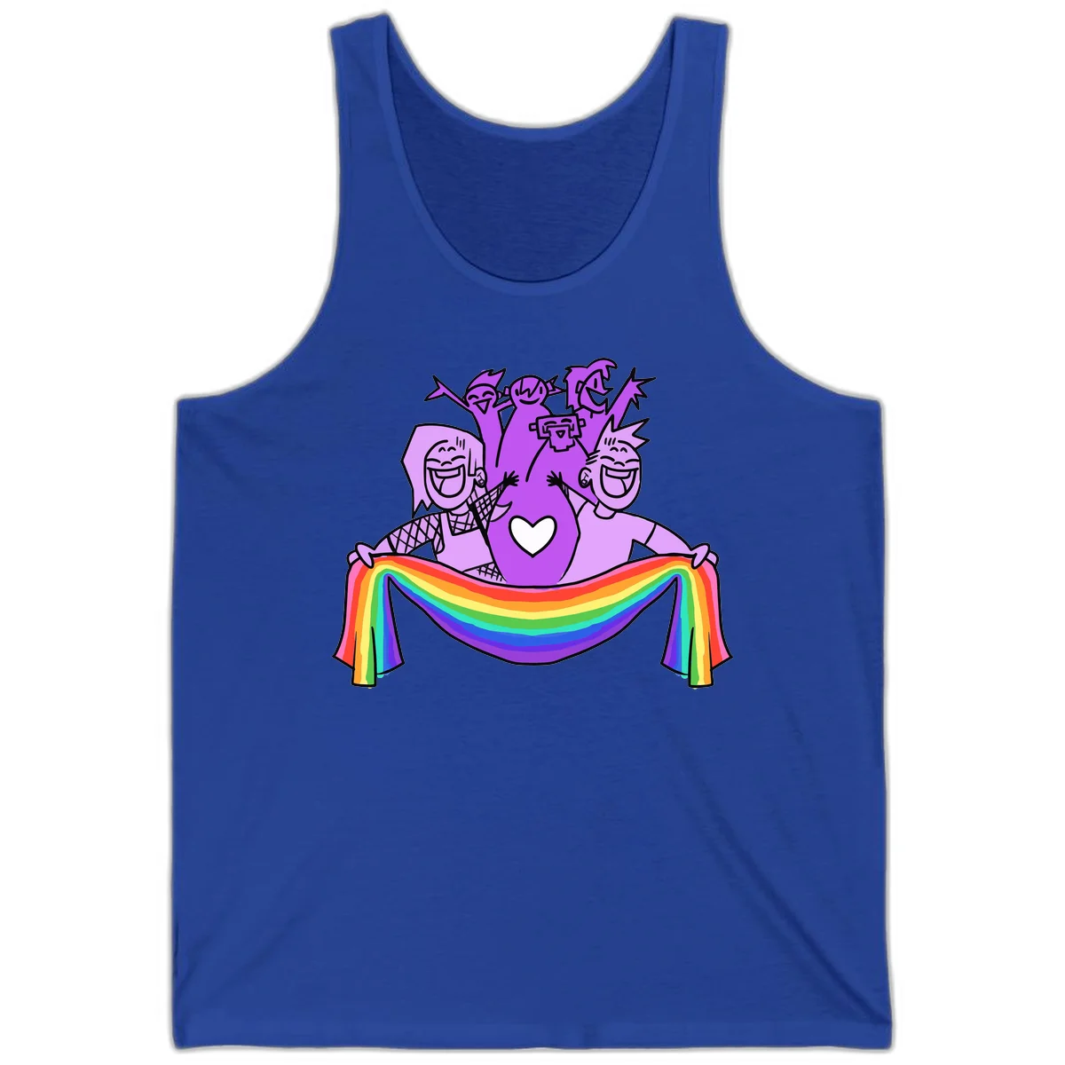Illustration of diverse smiling people celebrating together with raised arms, holding a rainbow banner and a white heart symbol on a purple background. in True Royal