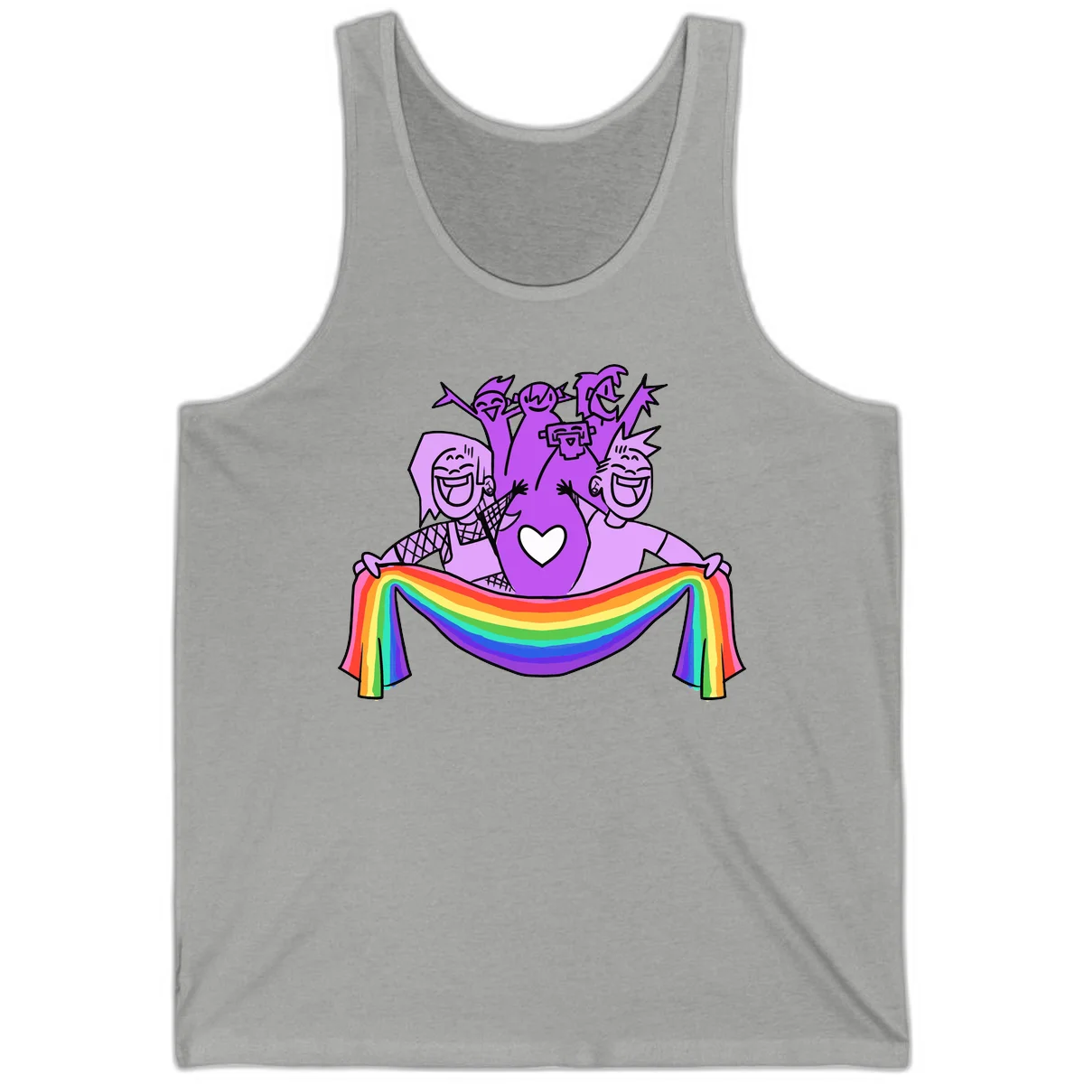 Illustration of diverse smiling people celebrating together with raised arms, holding a rainbow banner and a white heart symbol on a purple background. in Athletic Heather