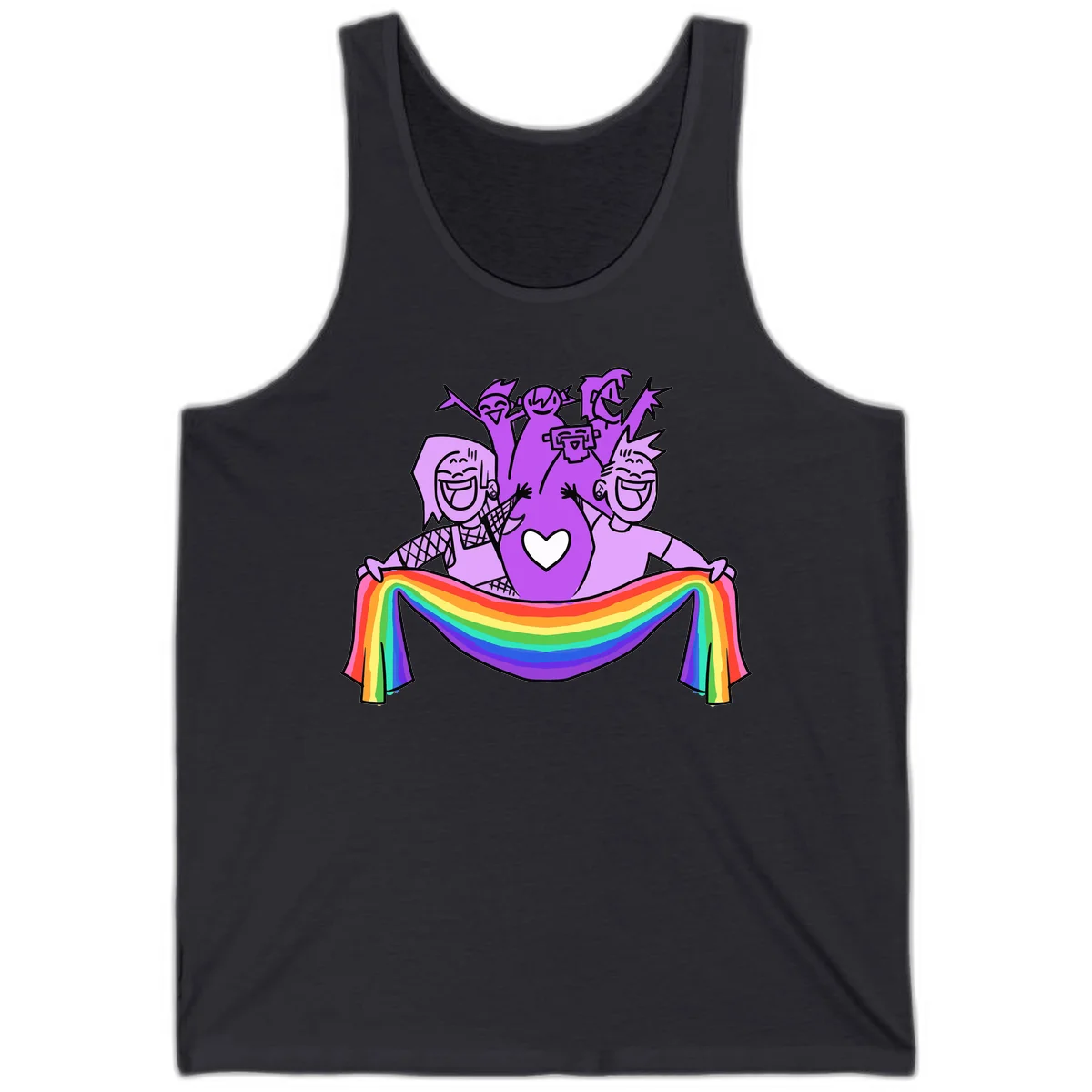 Illustration of diverse smiling people celebrating together with raised arms, holding a rainbow banner and a white heart symbol on a purple background. in Dark Grey