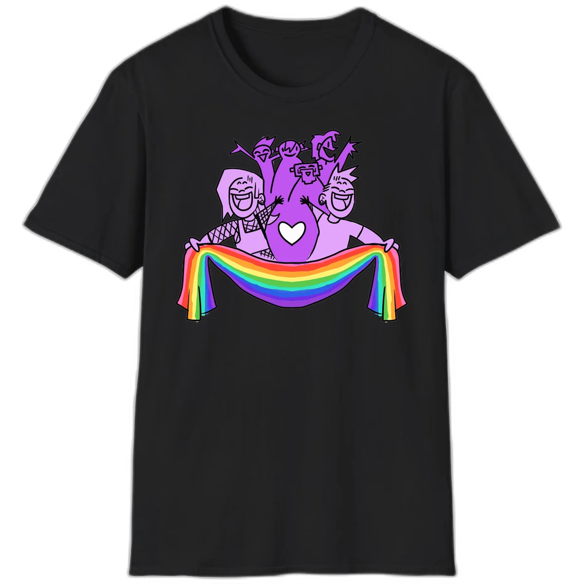 Illustration of diverse smiling people celebrating together with raised arms, holding a rainbow banner and a white heart symbol on a purple background. in Black