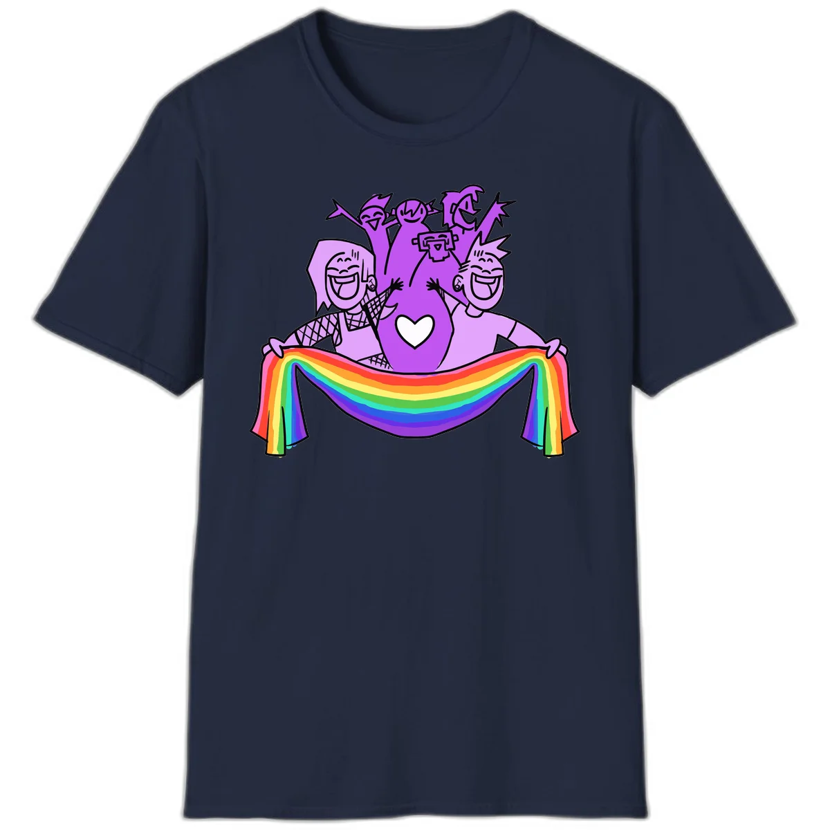 Illustration of diverse smiling people celebrating together with raised arms, holding a rainbow banner and a white heart symbol on a purple background. in Navy