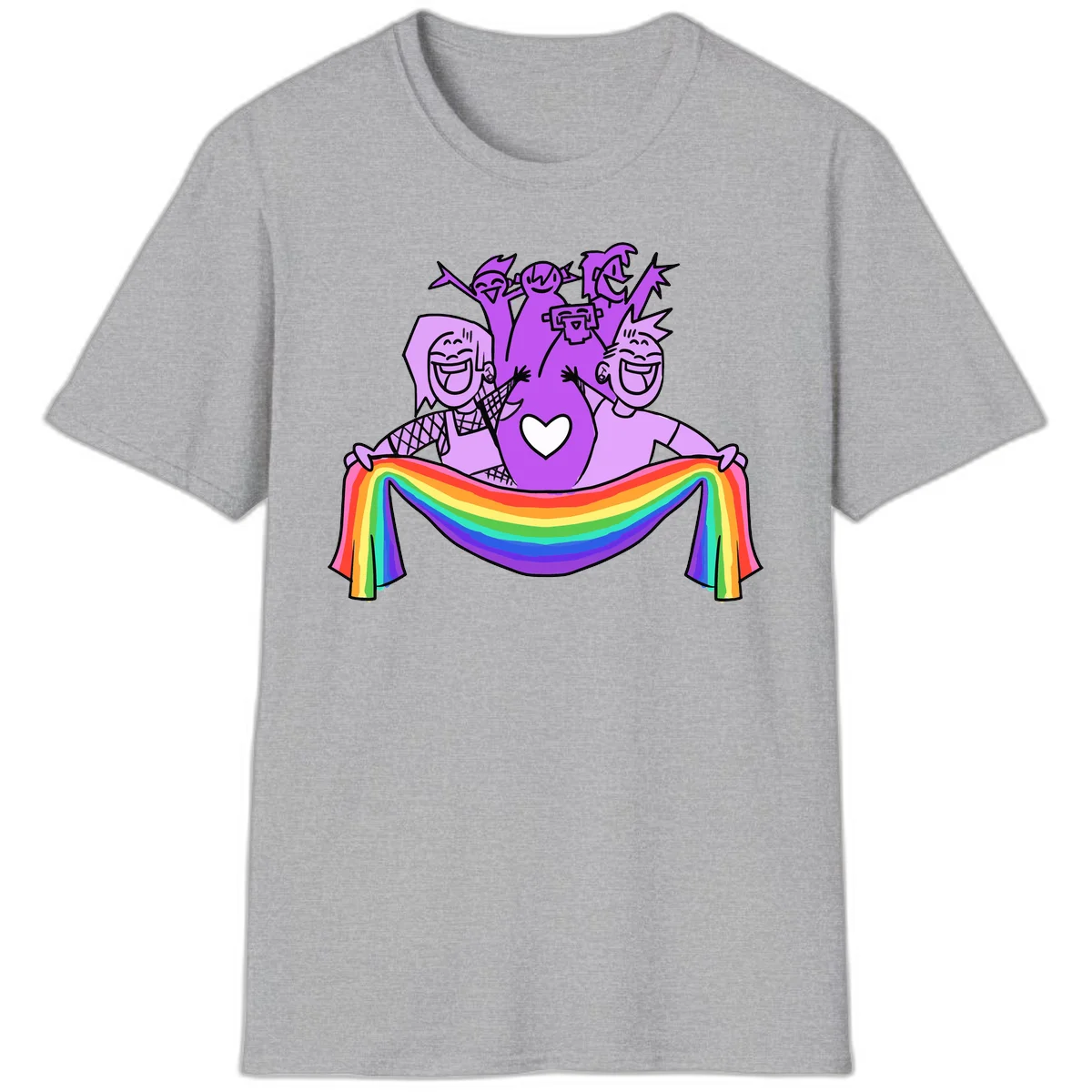 Illustration of diverse smiling people celebrating together with raised arms, holding a rainbow banner and a white heart symbol on a purple background. in Sport Grey