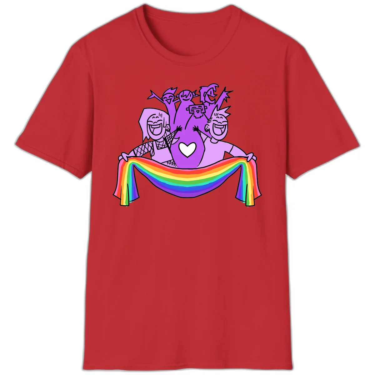 Illustration of diverse smiling people celebrating together with raised arms, holding a rainbow banner and a white heart symbol on a purple background. in Red