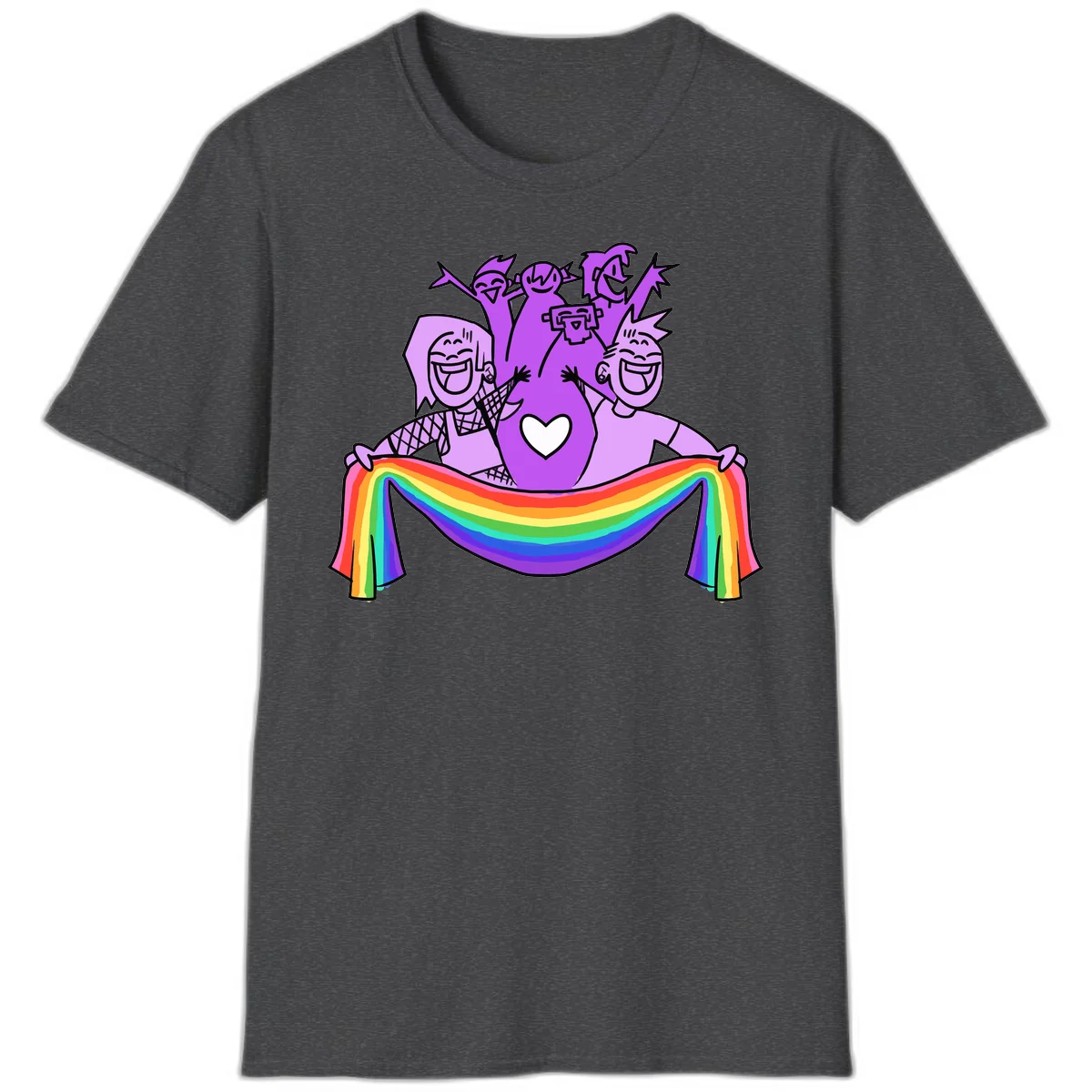 Illustration of diverse smiling people celebrating together with raised arms, holding a rainbow banner and a white heart symbol on a purple background. in Dark Heather
