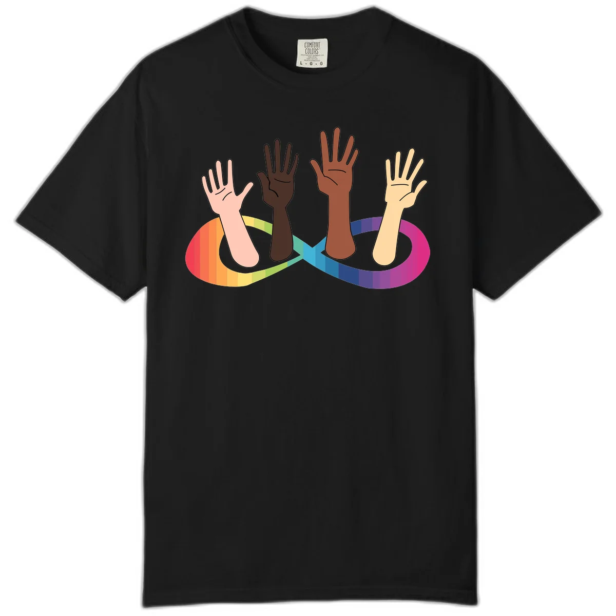 Five diverse raised hands with different skin tones emerging from a circular rainbow pride flag gradient, symbolizing unity and LGBTQ+ pride. in Black