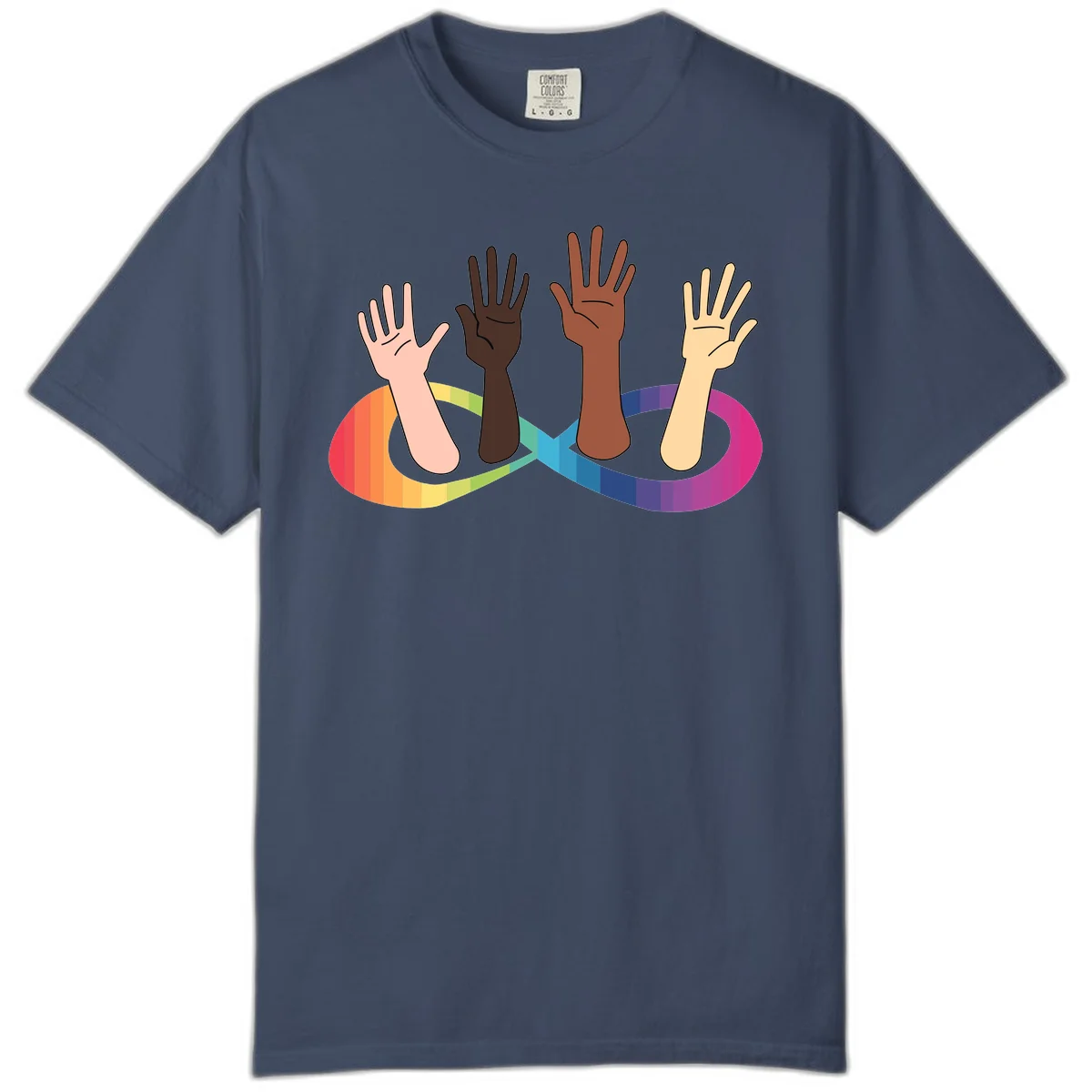 Five diverse raised hands with different skin tones emerging from a circular rainbow pride flag gradient, symbolizing unity and LGBTQ+ pride. in Midnight