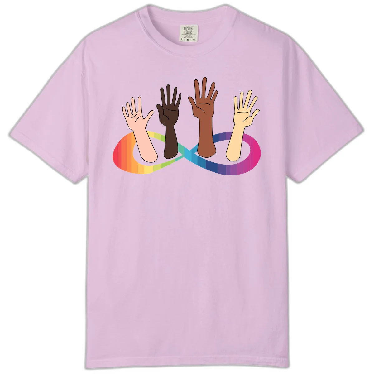 Five diverse raised hands with different skin tones emerging from a circular rainbow pride flag gradient, symbolizing unity and LGBTQ+ pride. in Orchid