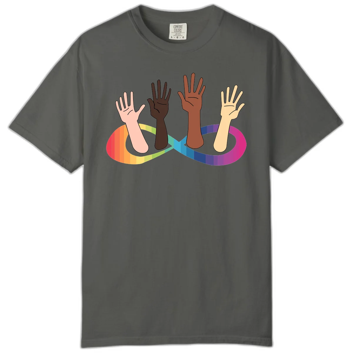 Five diverse raised hands with different skin tones emerging from a circular rainbow pride flag gradient, symbolizing unity and LGBTQ+ pride. in Pepper