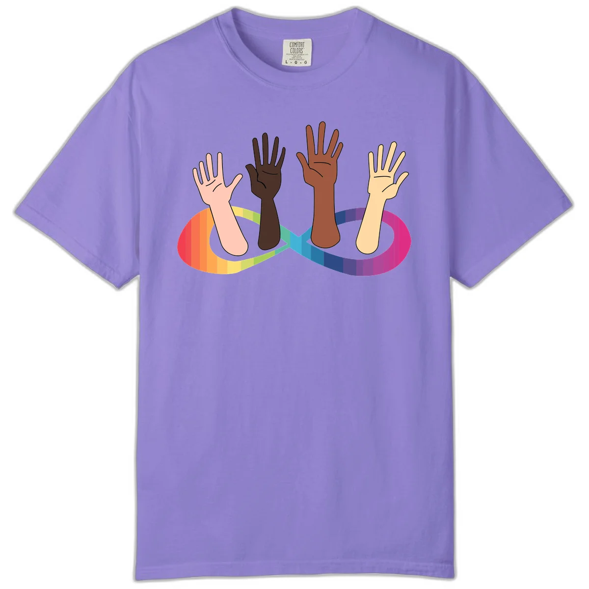 Five diverse raised hands with different skin tones emerging from a circular rainbow pride flag gradient, symbolizing unity and LGBTQ+ pride. in Violet