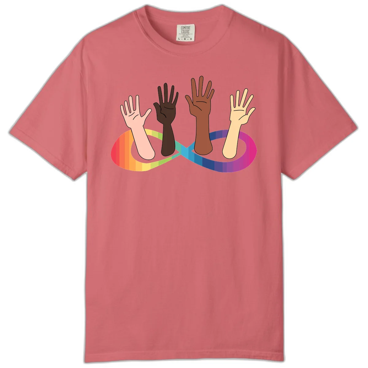 Five diverse raised hands with different skin tones emerging from a circular rainbow pride flag gradient, symbolizing unity and LGBTQ+ pride. in Watermelon