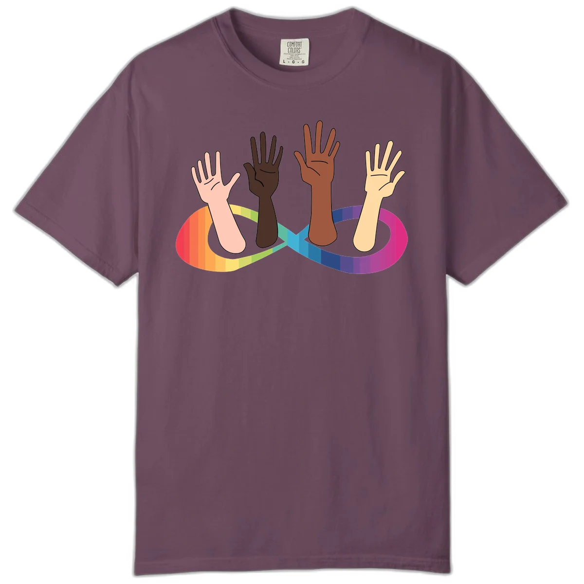 Five diverse raised hands with different skin tones emerging from a circular rainbow pride flag gradient, symbolizing unity and LGBTQ+ pride. in Berry