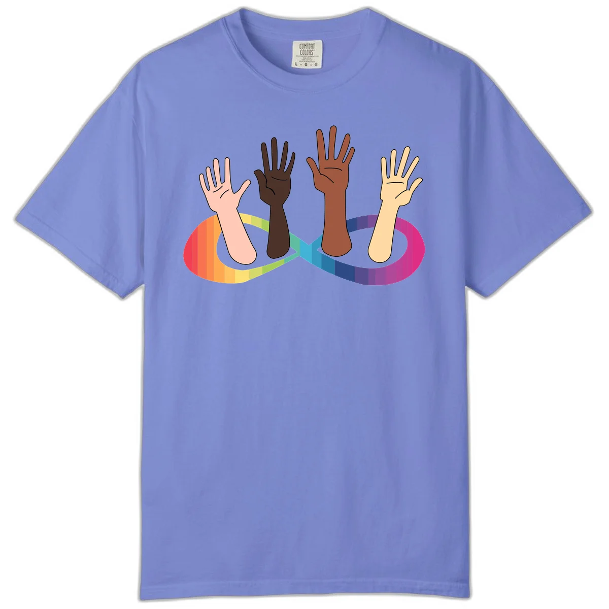 Five diverse raised hands with different skin tones emerging from a circular rainbow pride flag gradient, symbolizing unity and LGBTQ+ pride. in Flo Blue