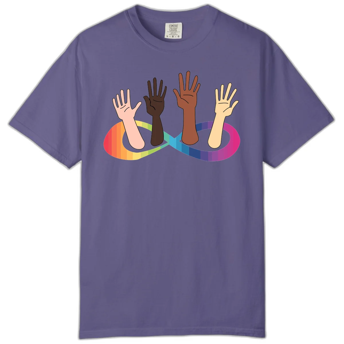 Five diverse raised hands with different skin tones emerging from a circular rainbow pride flag gradient, symbolizing unity and LGBTQ+ pride. in Grape