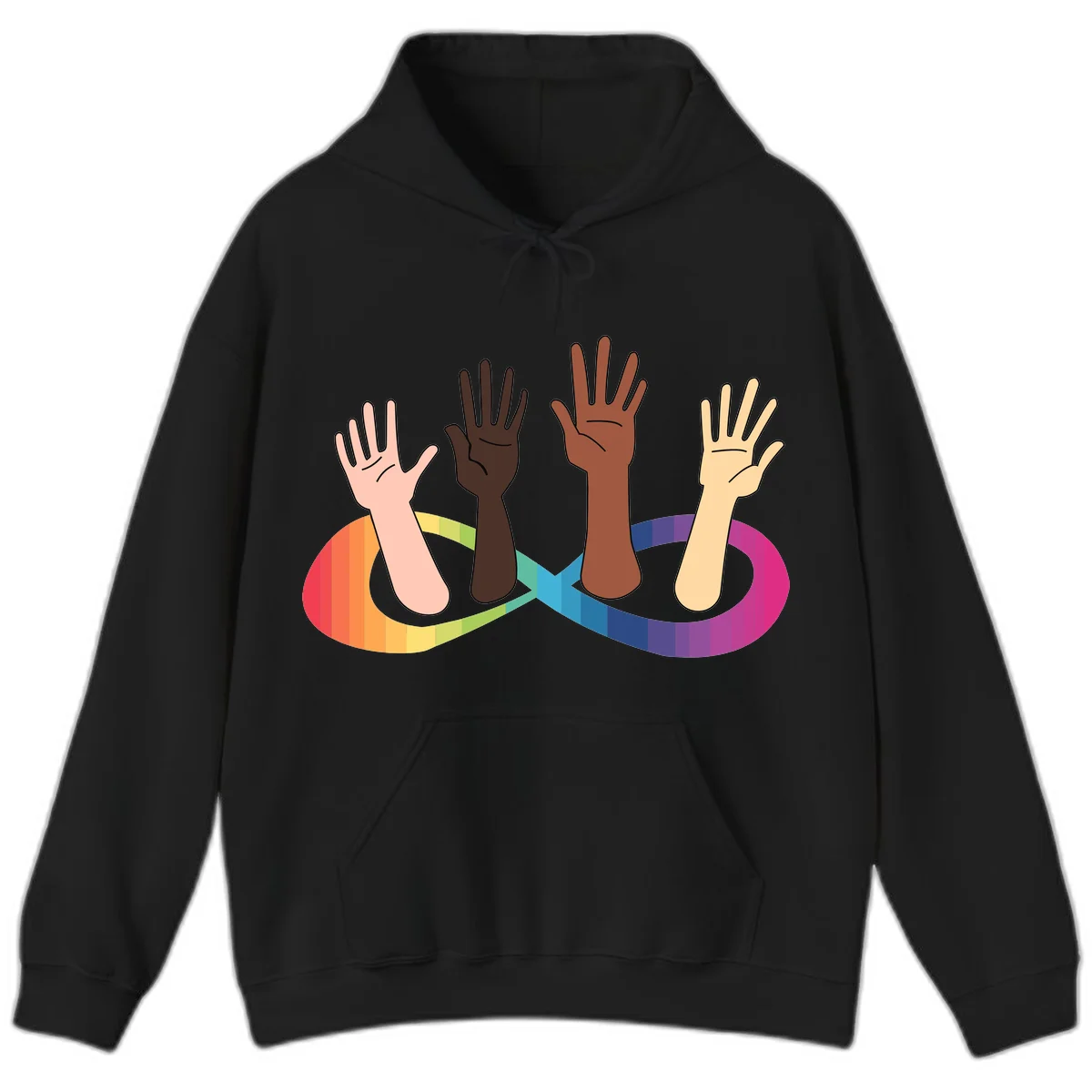 Five diverse raised hands with different skin tones emerging from a circular rainbow pride flag gradient, symbolizing unity and LGBTQ+ pride. in Black