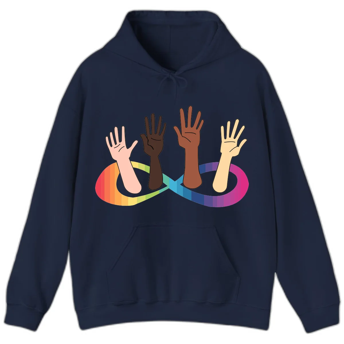 Five diverse raised hands with different skin tones emerging from a circular rainbow pride flag gradient, symbolizing unity and LGBTQ+ pride. in Navy