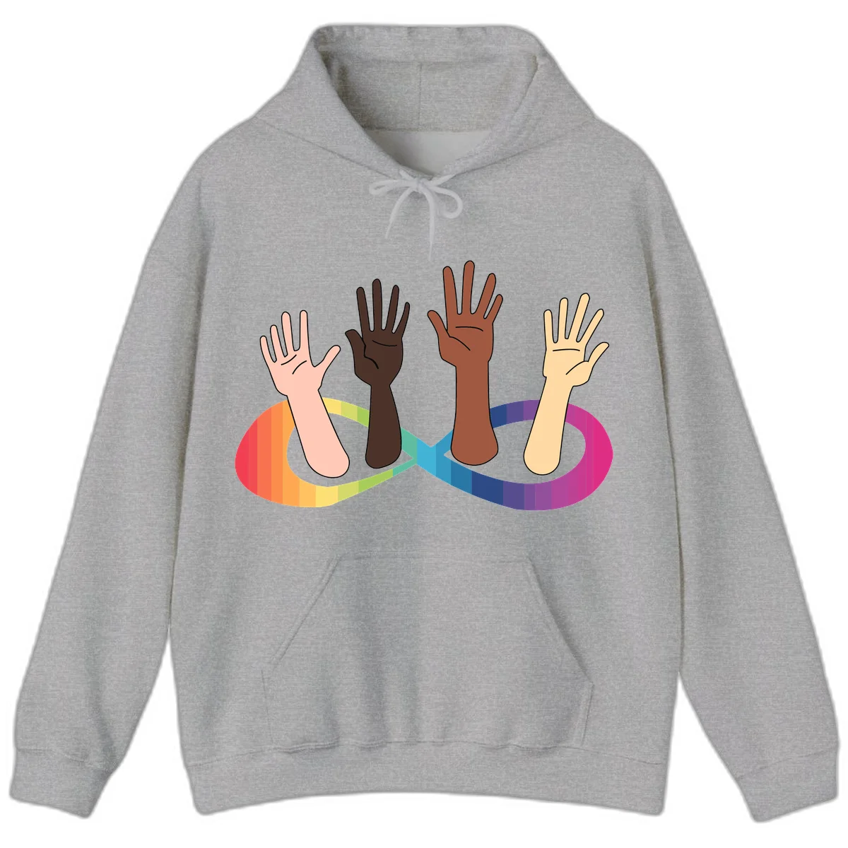 Five diverse raised hands with different skin tones emerging from a circular rainbow pride flag gradient, symbolizing unity and LGBTQ+ pride. in Sport Grey