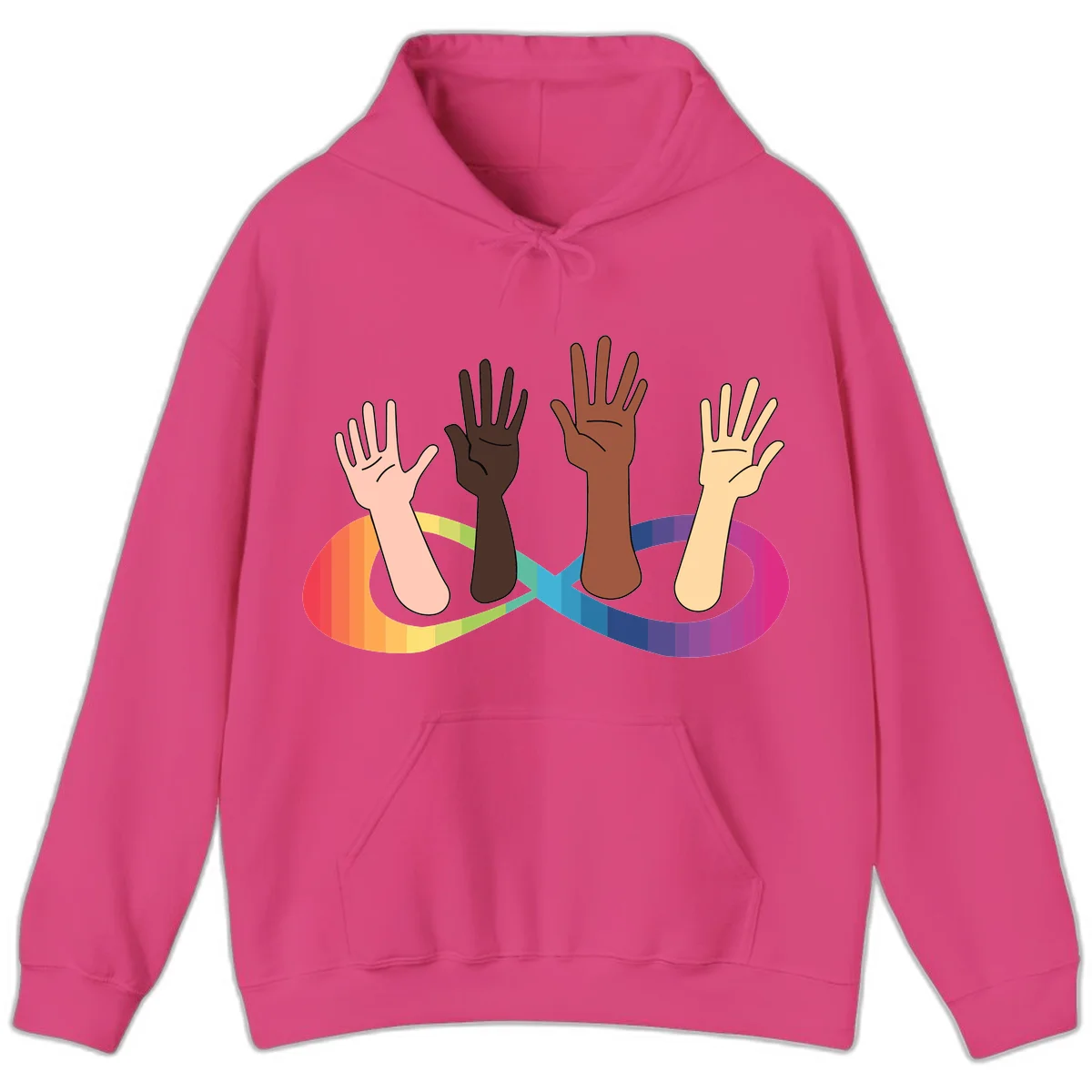 Five diverse raised hands with different skin tones emerging from a circular rainbow pride flag gradient, symbolizing unity and LGBTQ+ pride. in Heliconia