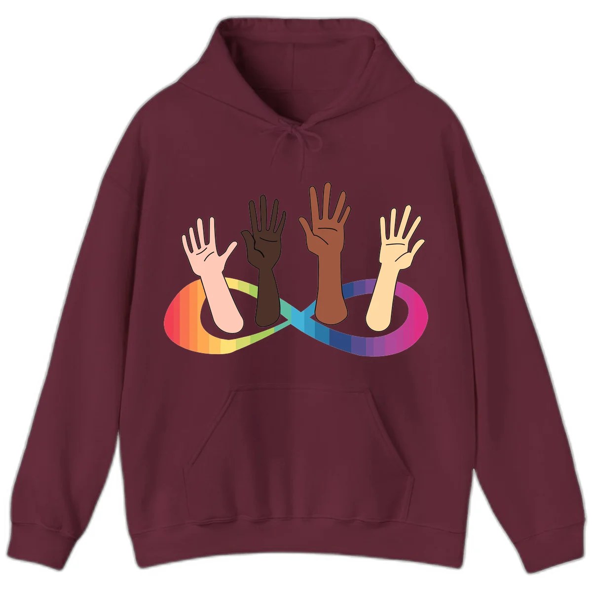Five diverse raised hands with different skin tones emerging from a circular rainbow pride flag gradient, symbolizing unity and LGBTQ+ pride. in Maroon