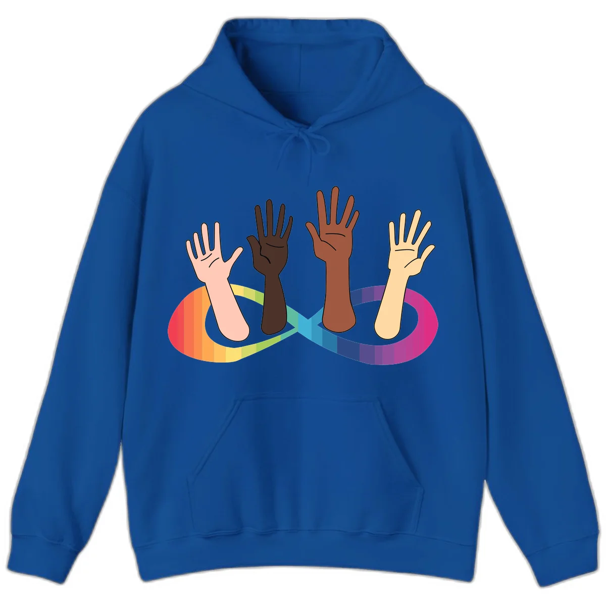 Five diverse raised hands with different skin tones emerging from a circular rainbow pride flag gradient, symbolizing unity and LGBTQ+ pride. in Royal