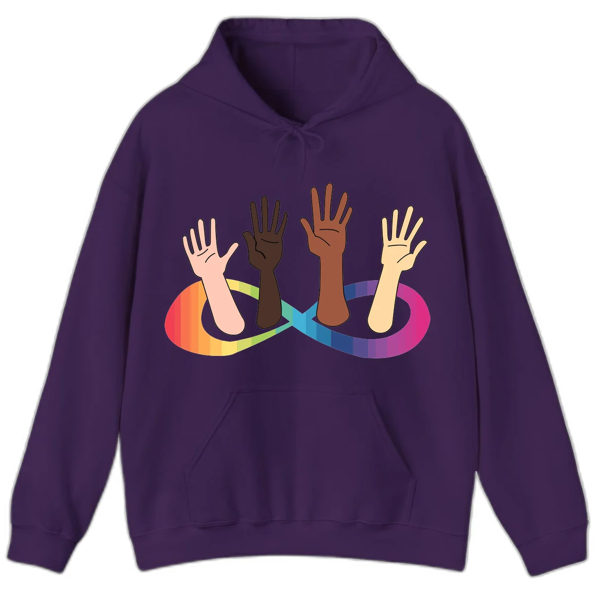 Five diverse raised hands with different skin tones emerging from a circular rainbow pride flag gradient, symbolizing unity and LGBTQ+ pride. in Purple