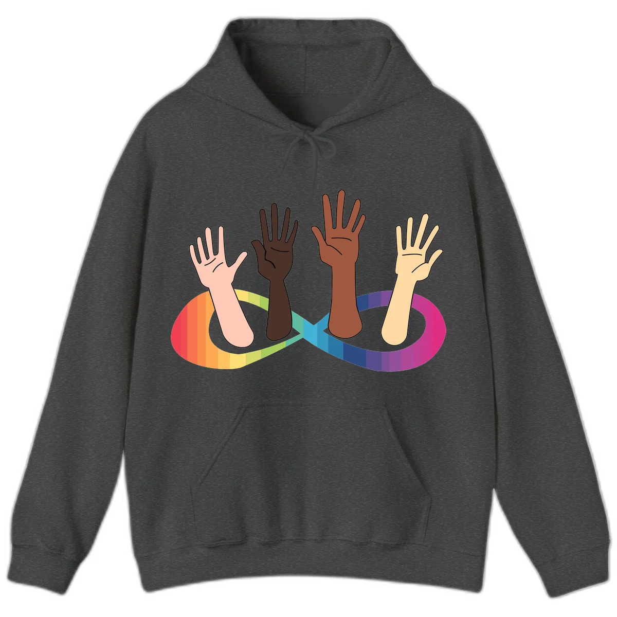 Five diverse raised hands with different skin tones emerging from a circular rainbow pride flag gradient, symbolizing unity and LGBTQ+ pride. in Dark Heather