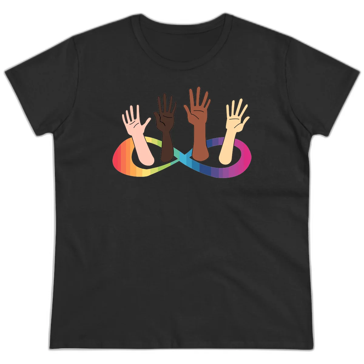 Five diverse raised hands with different skin tones emerging from a circular rainbow pride flag gradient, symbolizing unity and LGBTQ+ pride. in Black