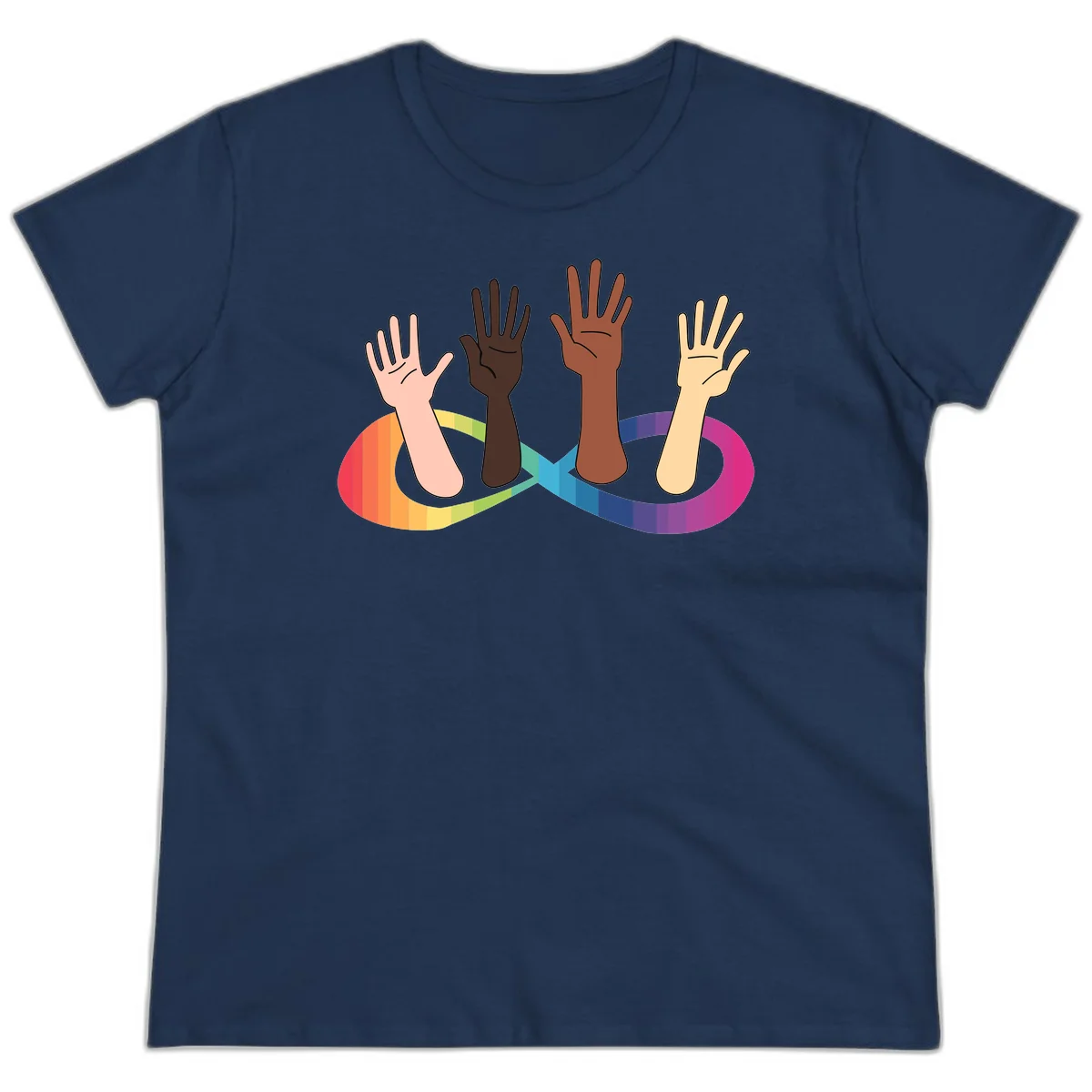 Five diverse raised hands with different skin tones emerging from a circular rainbow pride flag gradient, symbolizing unity and LGBTQ+ pride. in Navy