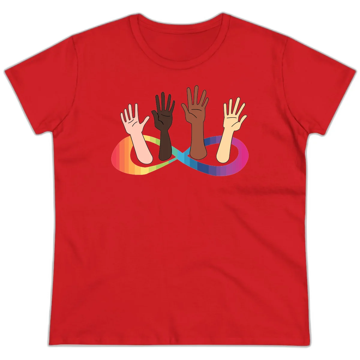 Five diverse raised hands with different skin tones emerging from a circular rainbow pride flag gradient, symbolizing unity and LGBTQ+ pride. in Red