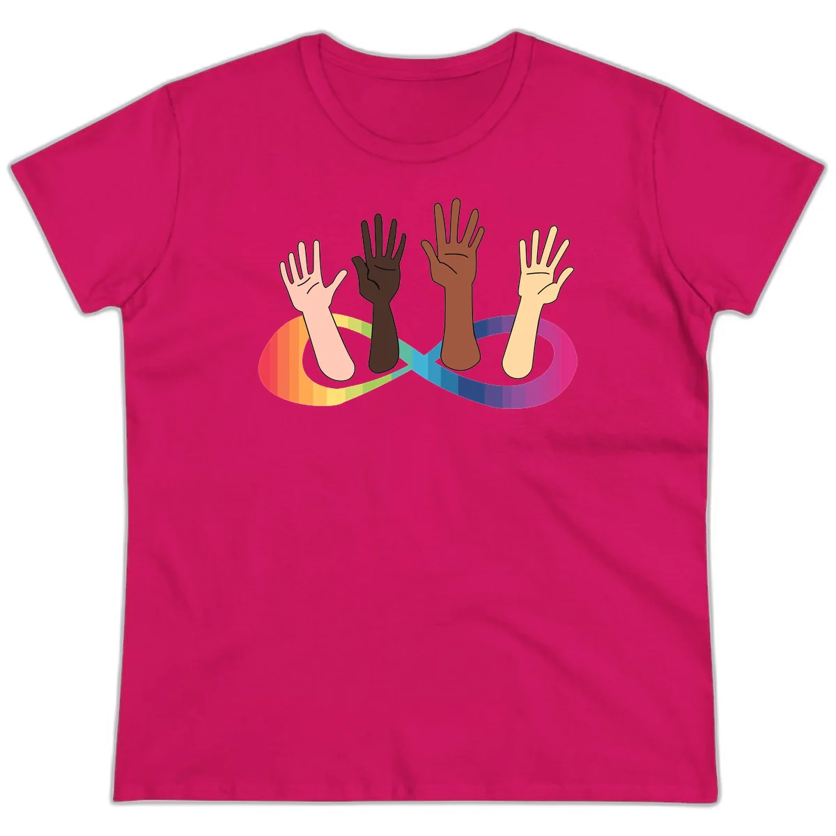 Five diverse raised hands with different skin tones emerging from a circular rainbow pride flag gradient, symbolizing unity and LGBTQ+ pride. in Heliconia