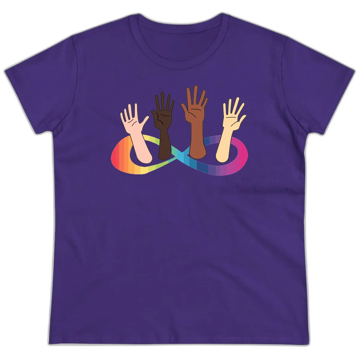 Five diverse raised hands with different skin tones emerging from a circular rainbow pride flag gradient, symbolizing unity and LGBTQ+ pride. in Purple