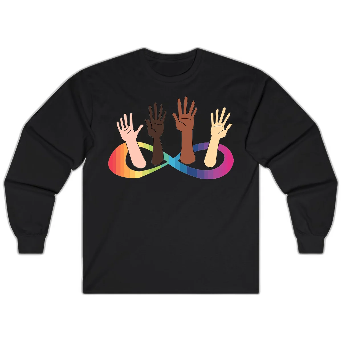 Five diverse raised hands with different skin tones emerging from a circular rainbow pride flag gradient, symbolizing unity and LGBTQ+ pride. in Black