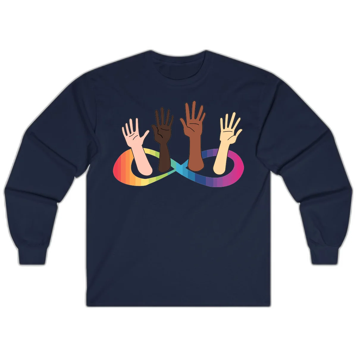 Five diverse raised hands with different skin tones emerging from a circular rainbow pride flag gradient, symbolizing unity and LGBTQ+ pride. in Navy