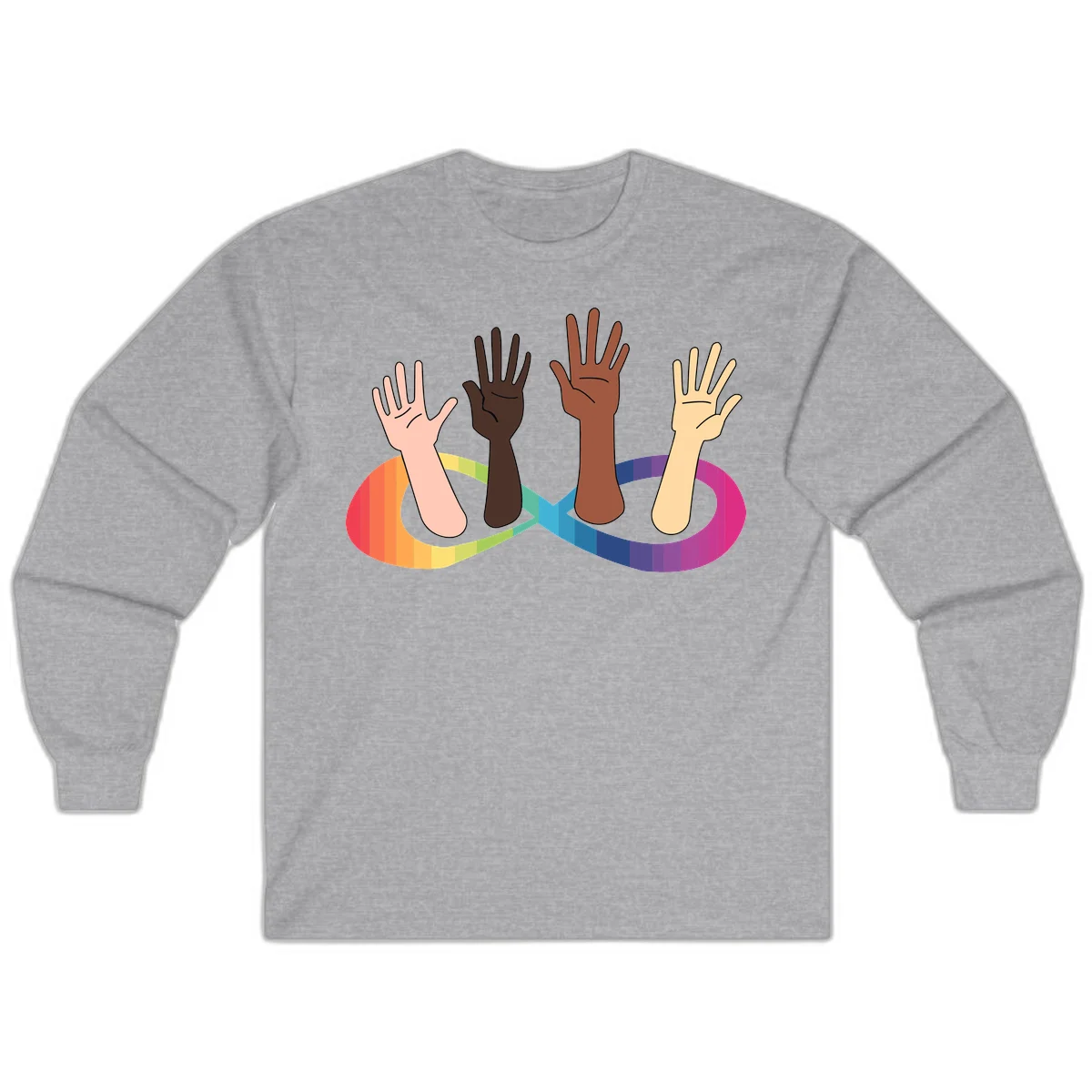 Five diverse raised hands with different skin tones emerging from a circular rainbow pride flag gradient, symbolizing unity and LGBTQ+ pride. in Sport Grey