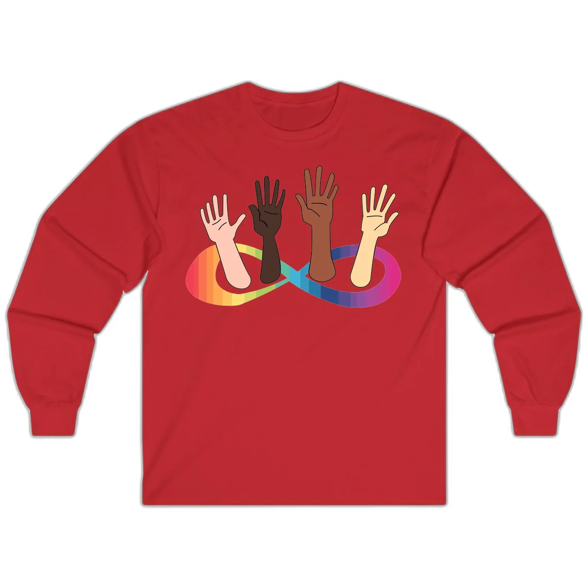 Five diverse raised hands with different skin tones emerging from a circular rainbow pride flag gradient, symbolizing unity and LGBTQ+ pride. in Red