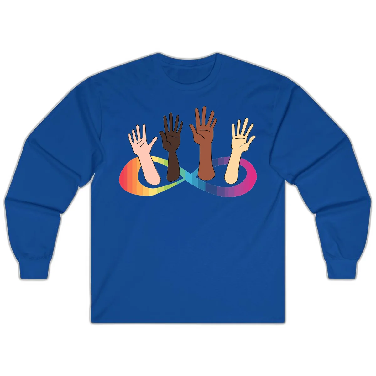 Five diverse raised hands with different skin tones emerging from a circular rainbow pride flag gradient, symbolizing unity and LGBTQ+ pride. in Royal