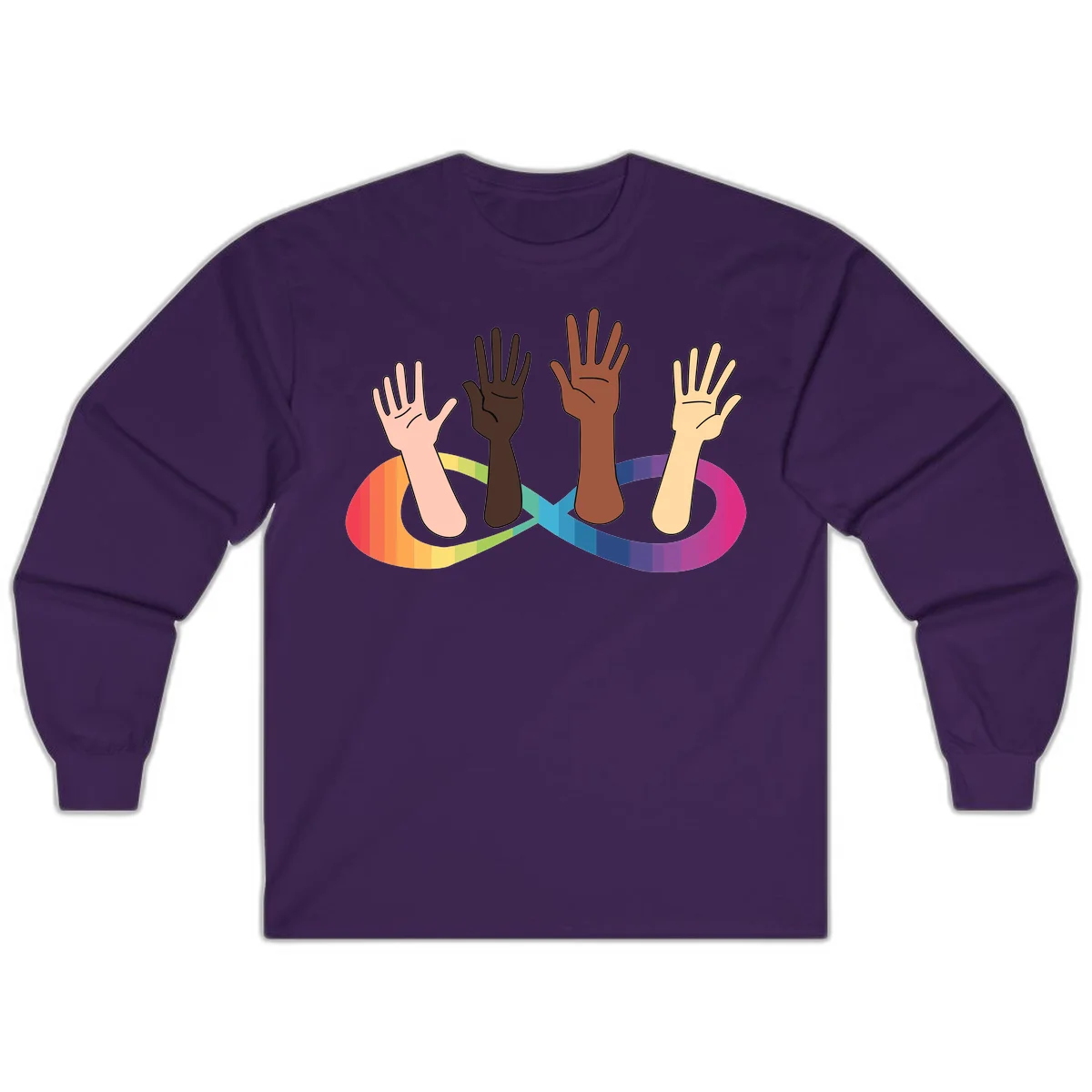 Five diverse raised hands with different skin tones emerging from a circular rainbow pride flag gradient, symbolizing unity and LGBTQ+ pride. in Purple