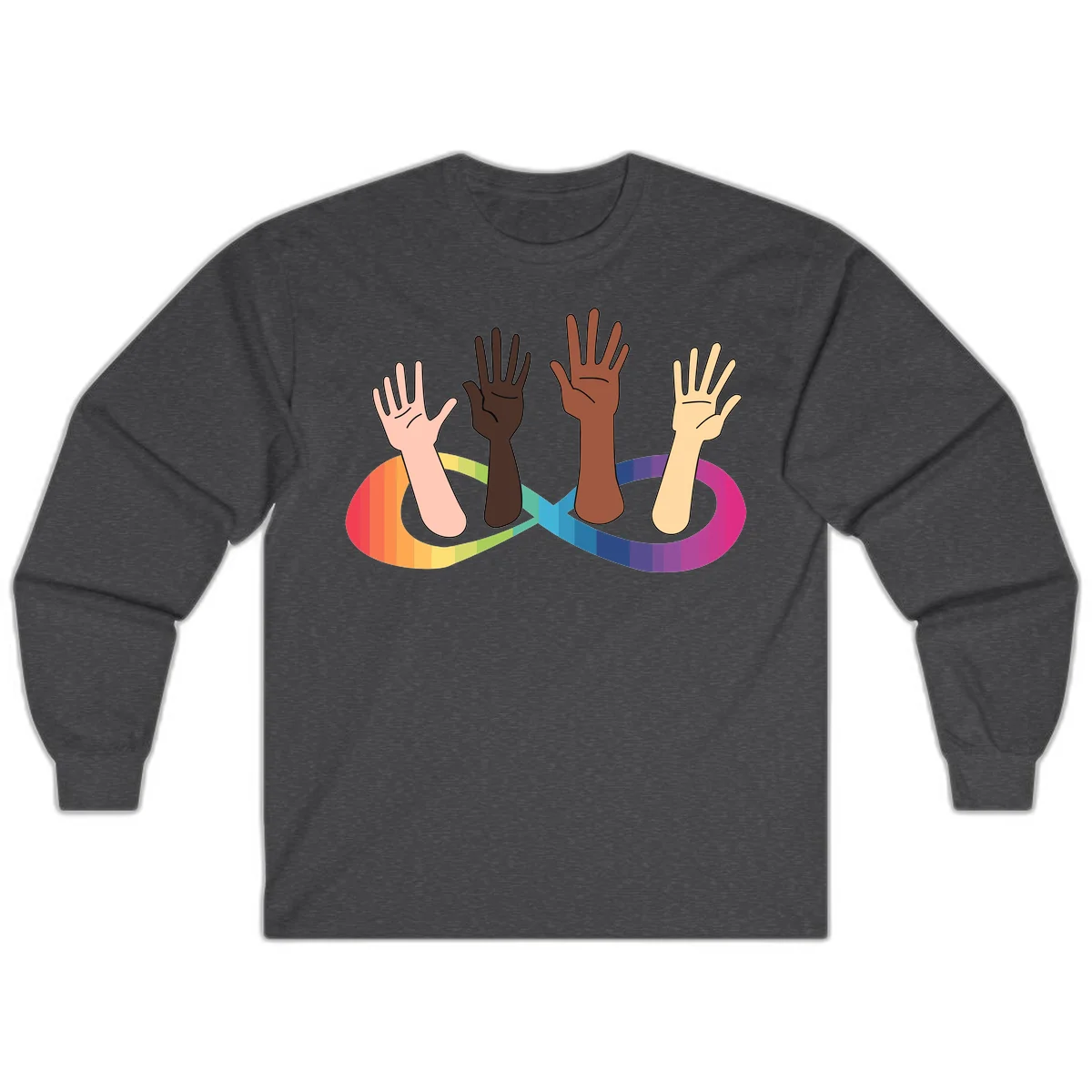 Five diverse raised hands with different skin tones emerging from a circular rainbow pride flag gradient, symbolizing unity and LGBTQ+ pride. in Dark Heather