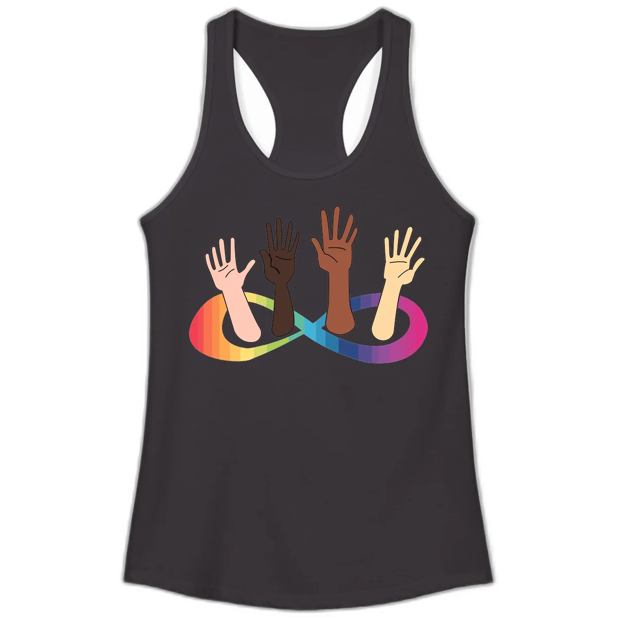 Five diverse raised hands with different skin tones emerging from a circular rainbow pride flag gradient, symbolizing unity and LGBTQ+ pride. in Black