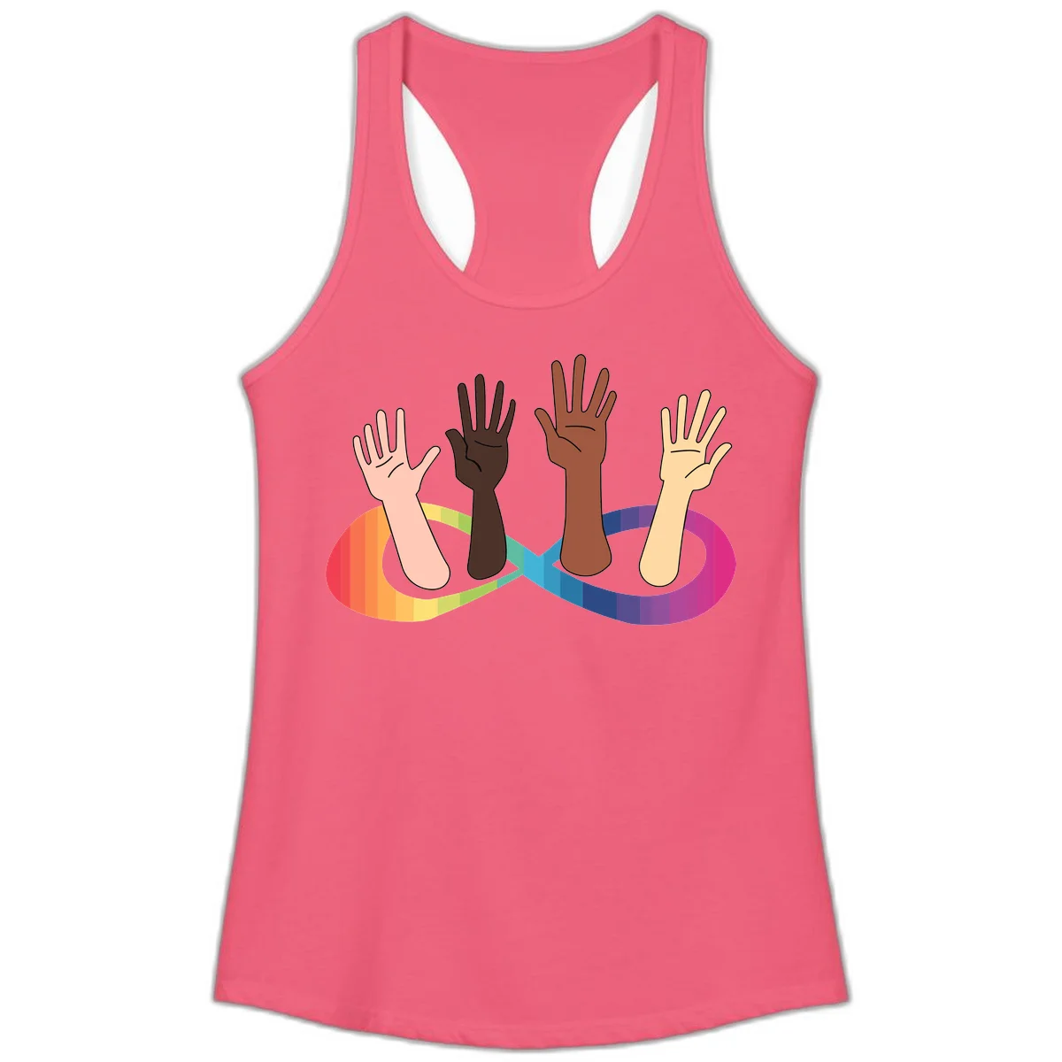 Five diverse raised hands with different skin tones emerging from a circular rainbow pride flag gradient, symbolizing unity and LGBTQ+ pride. in Hot Pink
