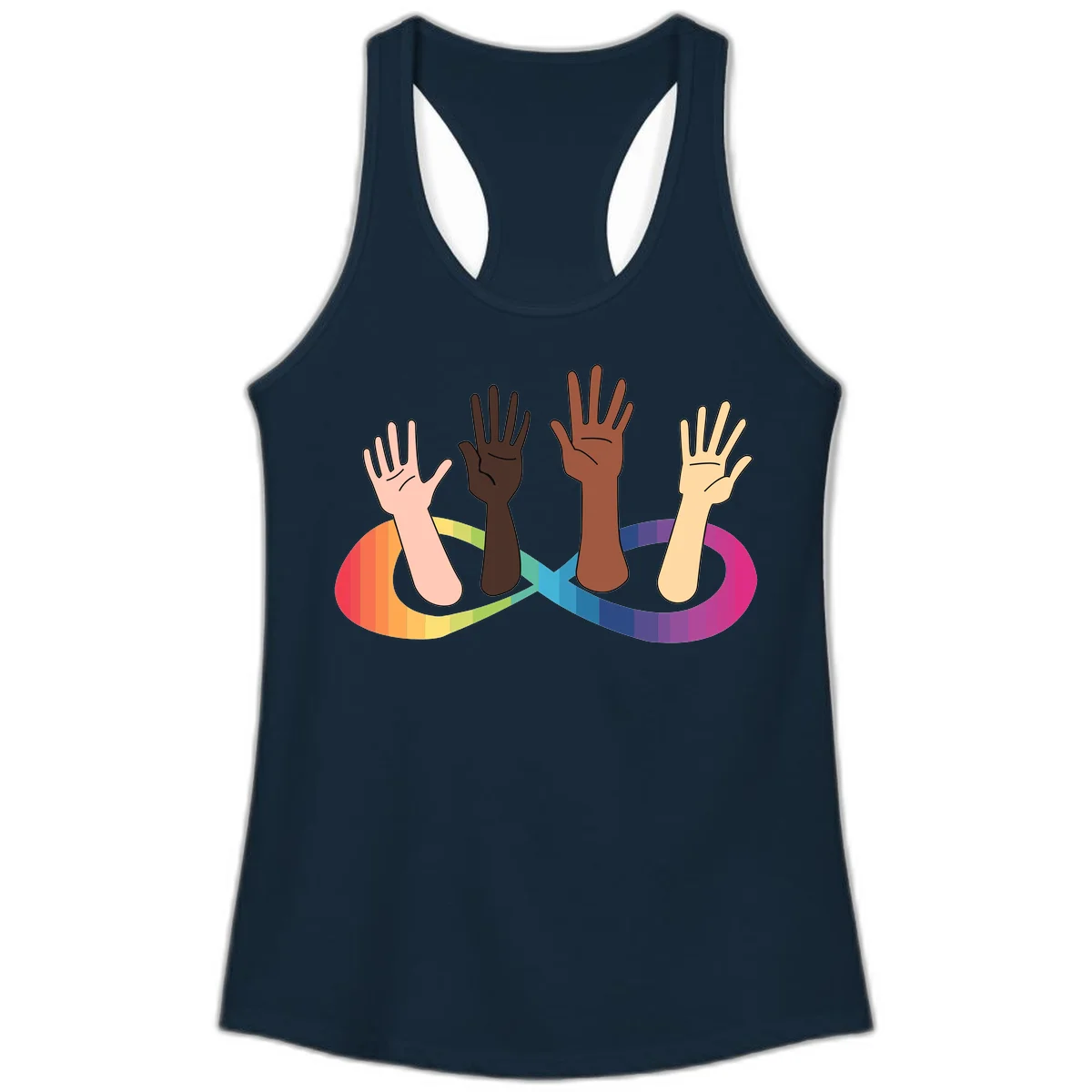 Five diverse raised hands with different skin tones emerging from a circular rainbow pride flag gradient, symbolizing unity and LGBTQ+ pride. in Solid Midnight Navy