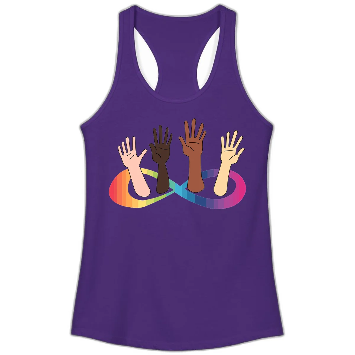 Five diverse raised hands with different skin tones emerging from a circular rainbow pride flag gradient, symbolizing unity and LGBTQ+ pride. in Solid Purple Rush