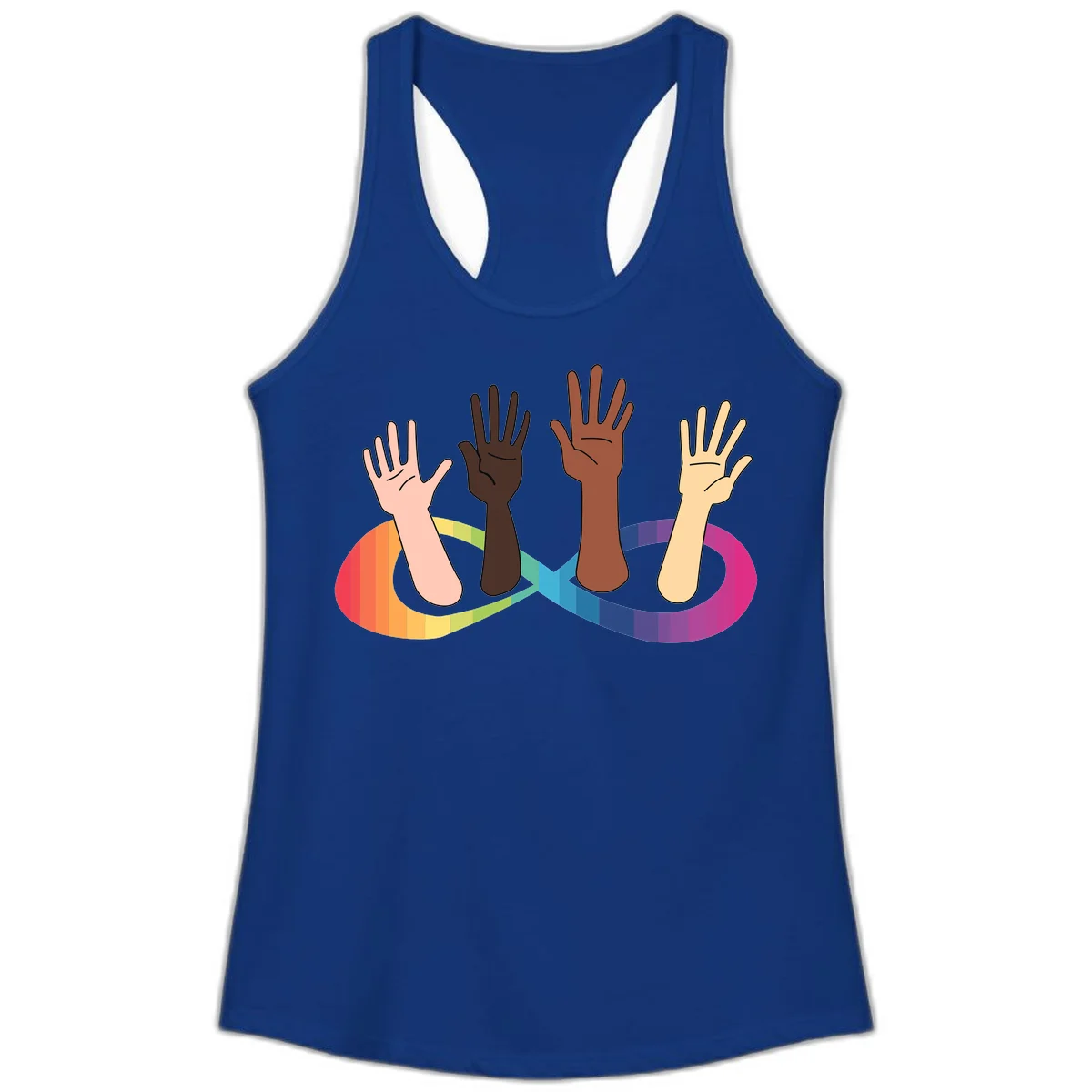 Five diverse raised hands with different skin tones emerging from a circular rainbow pride flag gradient, symbolizing unity and LGBTQ+ pride. in Solid Royal